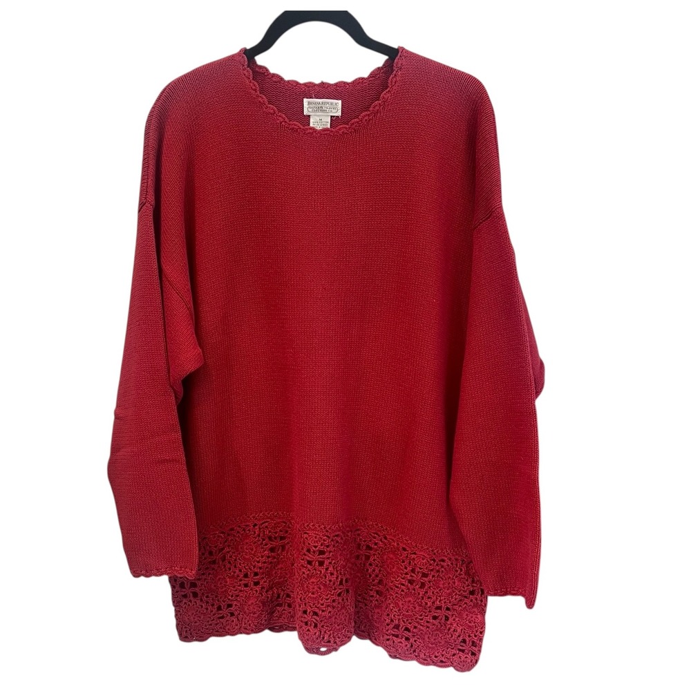 Vintage 80s Banana Republic Cotton Sweater Red Orange Scalloped Size Large